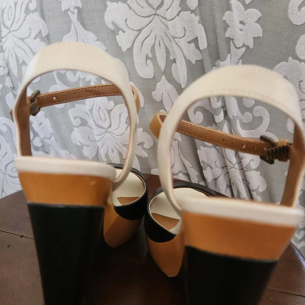 Elle Black, White and Tan Wedge Sandals